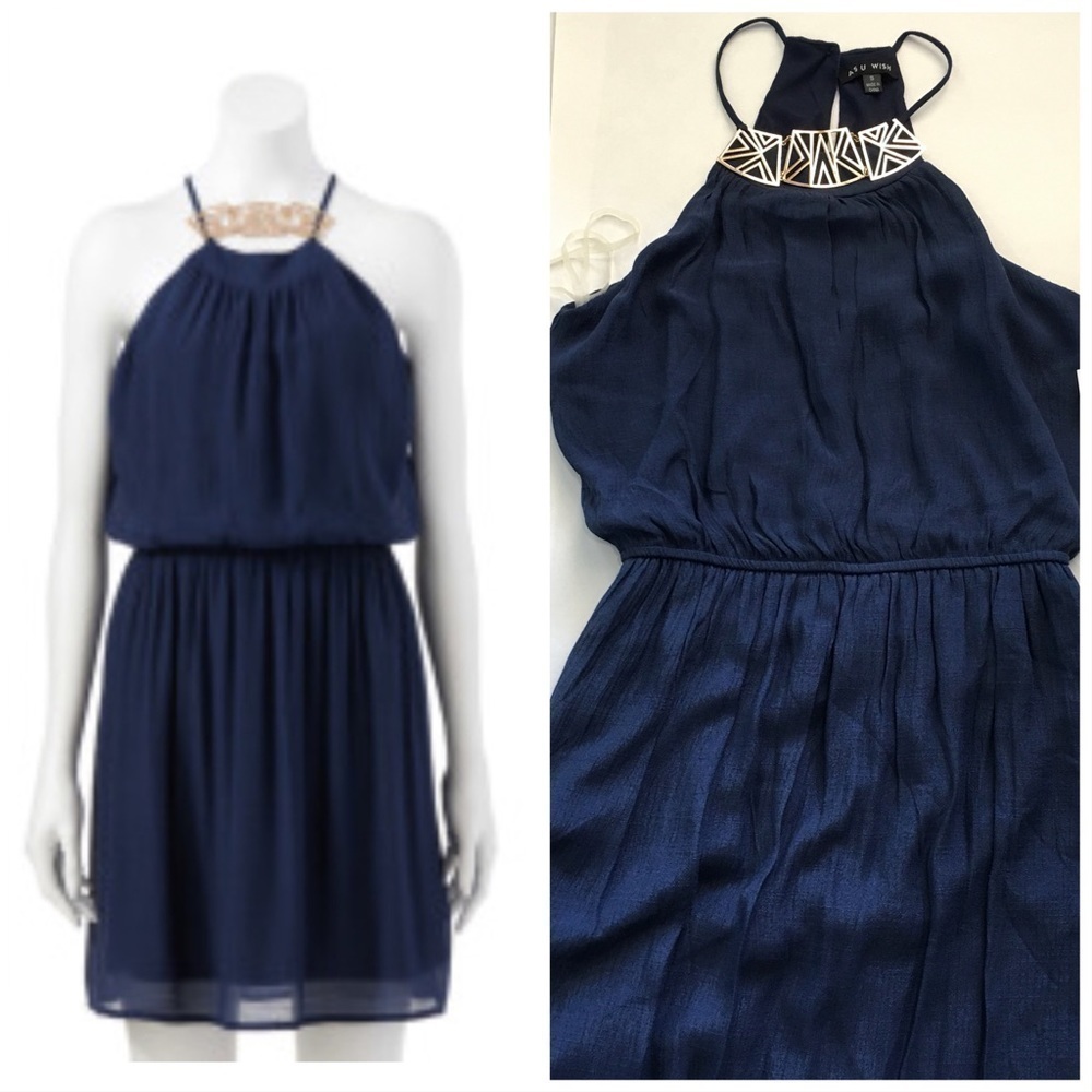 As U Wish NWT Blue Gold halter dress size small